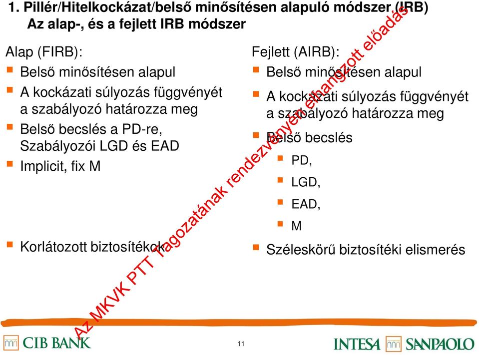 Szabályozói LGD és EAD Implicit, fix M Korlátozott biztosítékok 11 Fejlett (AIRB): Belső minősítésen alapul A