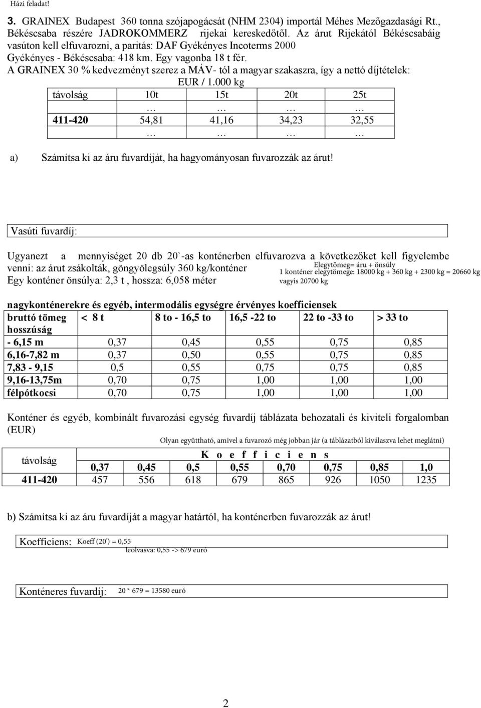 A GRAINEX 30 % kedvezményt szerez a MÁV- tól a magyar szakaszra, így a nettó díjtételek: EUR / 1.