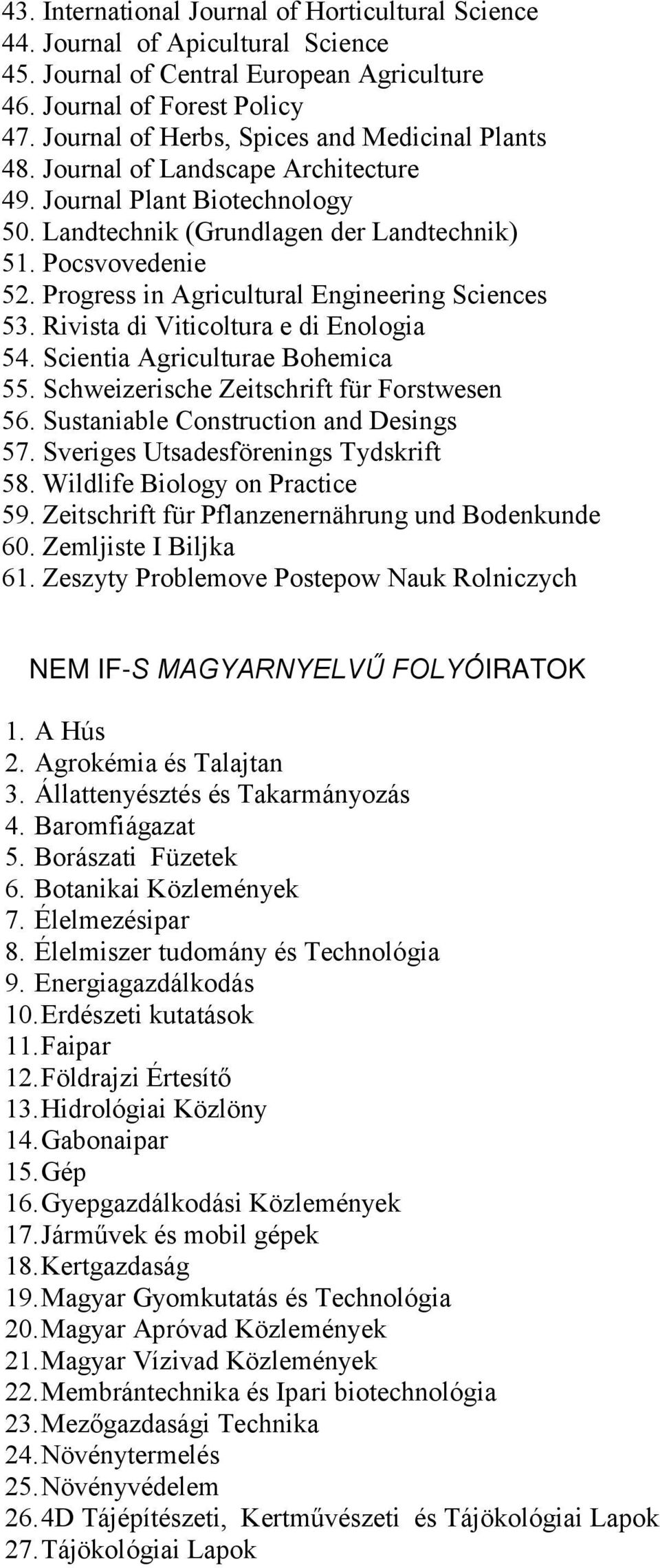 Progress in Agricultural Engineering Sciences 53. Rivista di Viticoltura e di Enologia 54. Scientia Agriculturae Bohemica 55. Schweizerische Zeitschrift für Forstwesen 56.