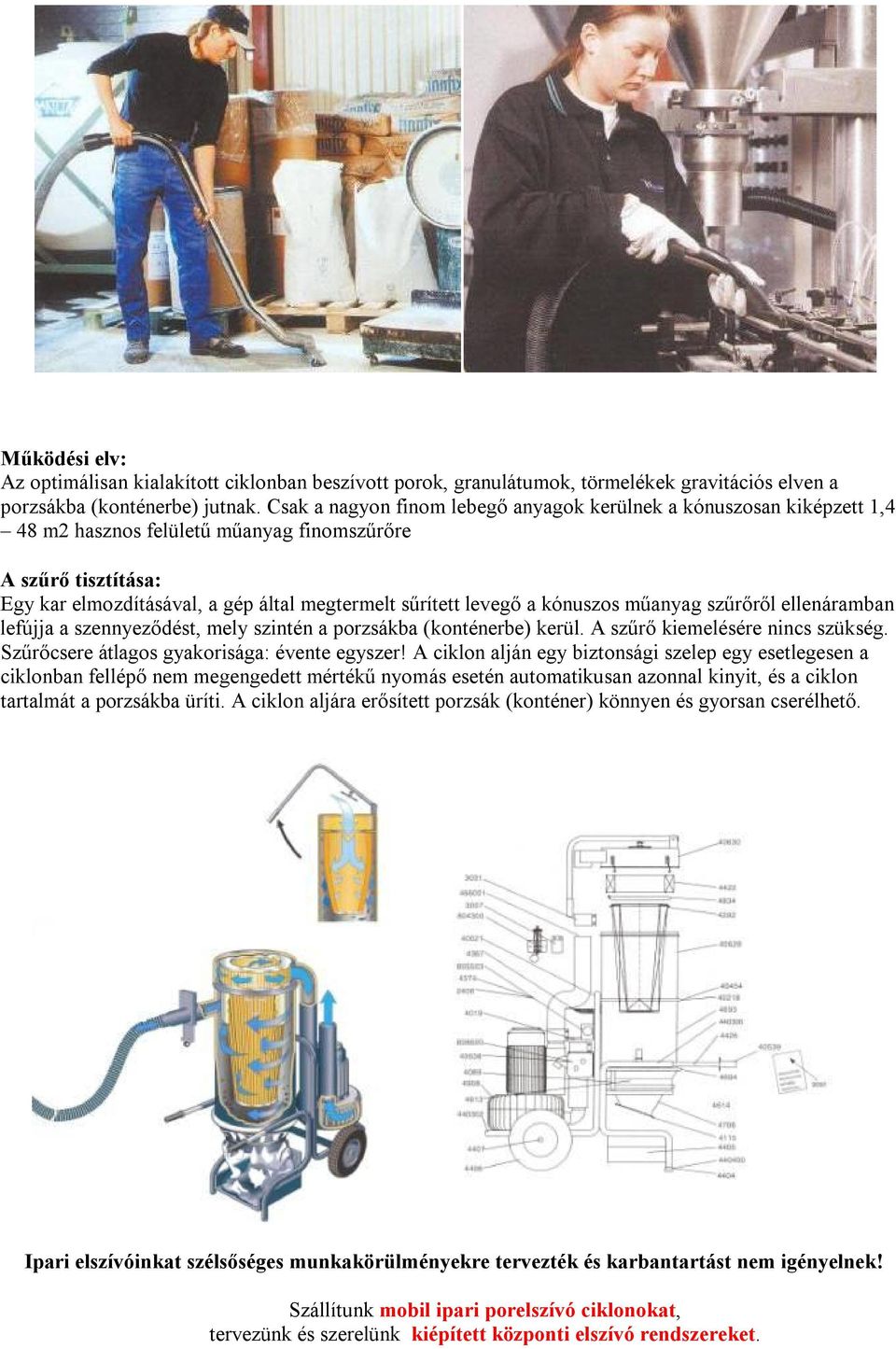 kónuszos műanyag szűrőről ellenáramban lefújja a szennyeződést, mely szintén a porzsákba (konténerbe) kerül. A szűrő kiemelésére nincs szükség. Szűrőcsere átlagos gyakorisága: évente egyszer!