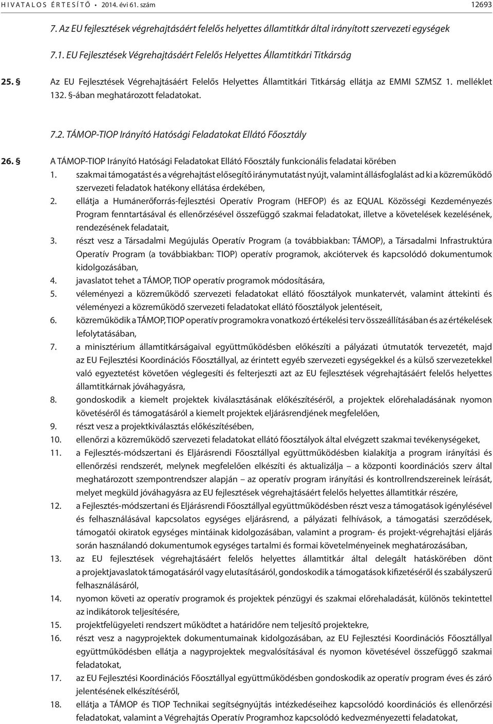 A TÁMOP-TIOP Irányító Hatósági Feladatokat Ellátó Főosztály funkcionális feladatai körében 1.
