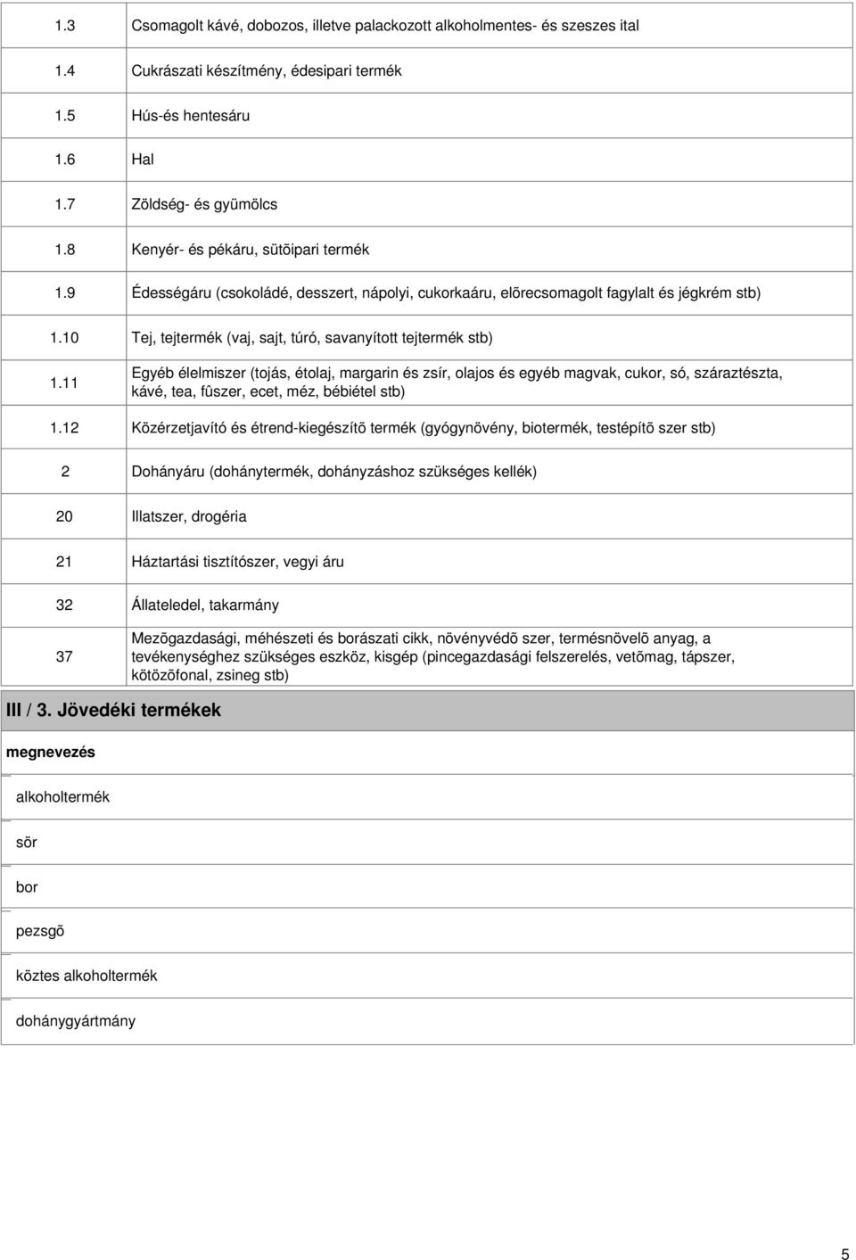 12 2 Tej, tejtermék (vaj, sajt, túró, savanyított tejtermék stb) Egyéb élelmiszer (tojás, étolaj, margarin és zsír, olajos és egyéb magvak, cukor, só, száraztészta, kávé, tea, fûszer, ecet, méz,