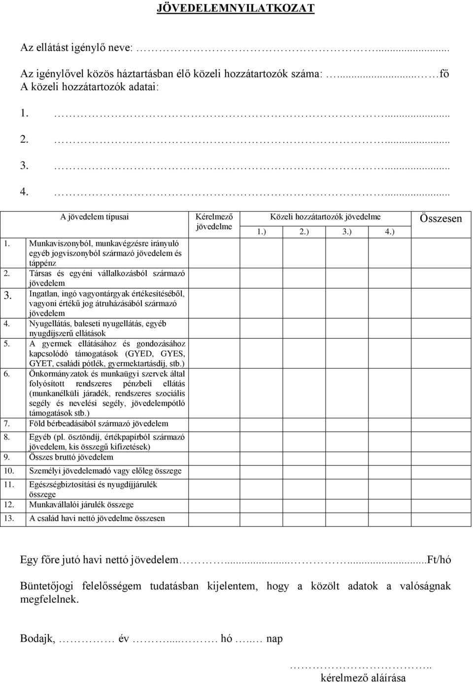 Ingatlan, ingó vagyontárgyak értékesítéséből, vagyoni értékű jog átruházásából származó jövedelem 4. Nyugellátás, baleseti nyugellátás, egyéb nyugdíjszerű ellátások 5.