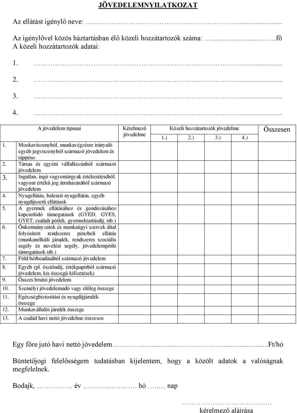 Ingatlan, ingó vagyontárgyak értékesítéséből, vagyoni értékű jog átruházásából származó jövedelem 4. Nyugellátás, baleseti nyugellátás, egyéb nyugdíjszerű ellátások 5.