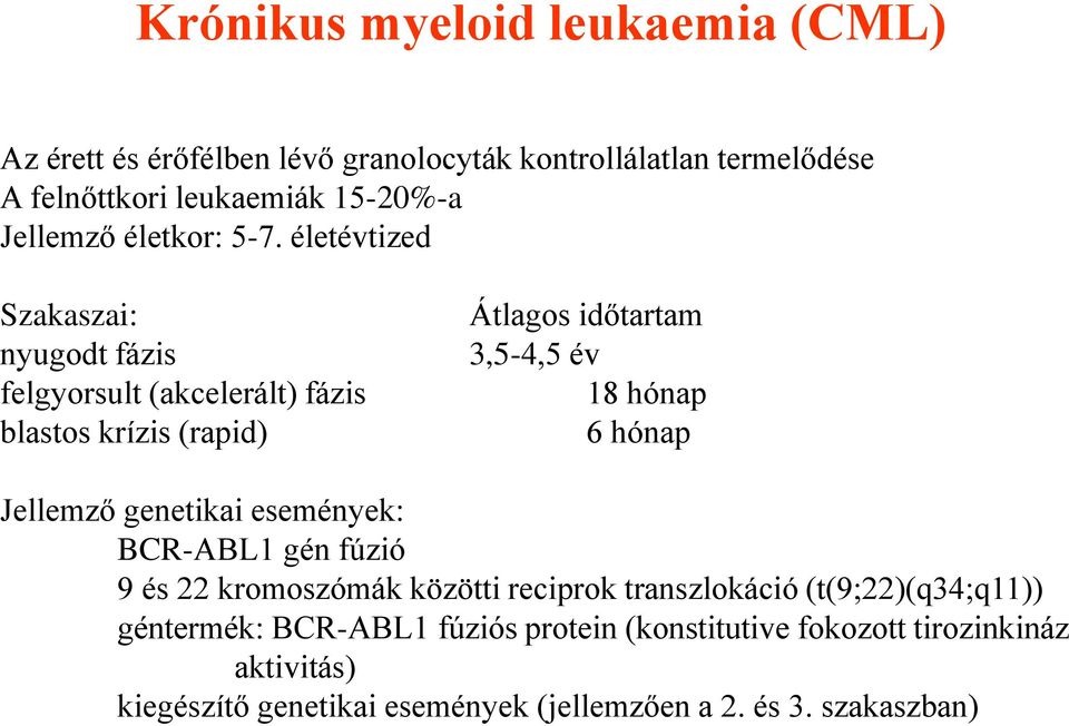 életévtized Szakaszai: nyugodt fázis felgyorsult (akcelerált) fázis blastos krízis (rapid) Átlagos időtartam 3,5-4,5 év 18 hónap 6 hónap