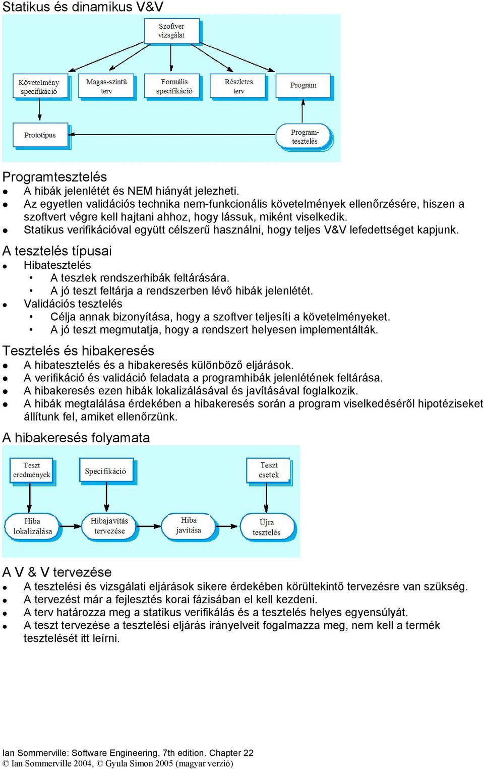 Statikus verifikációval együtt célszerű használni, hogy teljes V&V lefedettséget kapjunk. A tesztelés típusai Hibatesztelés A tesztek rendszerhibák feltárására.