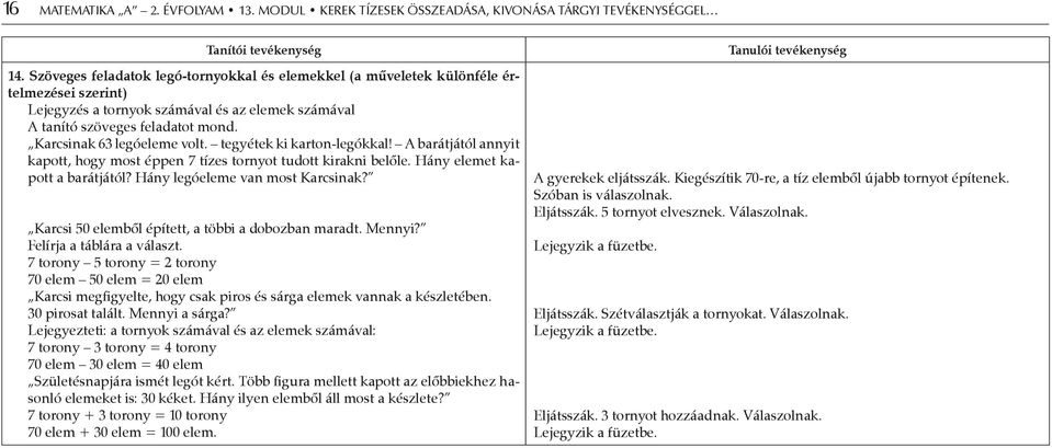 Karcsinak 63 legóeleme volt. tegyétek ki karton-legókkal! A barátjától annyit kapott, hogy most éppen 7 tízes tornyot tudott kirakni belőle. Hány elemet kapott a barátjától?