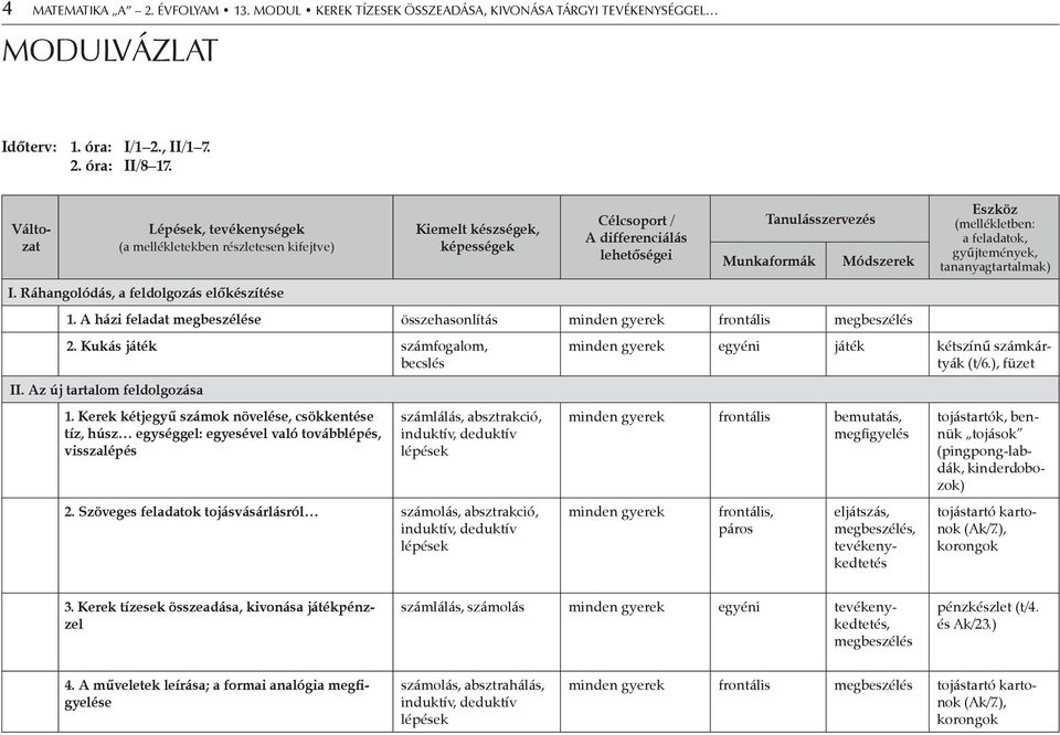 Ráhangolódás, a feldolgozás előkészítése Kiemelt készségek, képességek Célcsoport / A differenciálás lehetőségei Tanulásszervezés Munkaformák Módszerek 1.