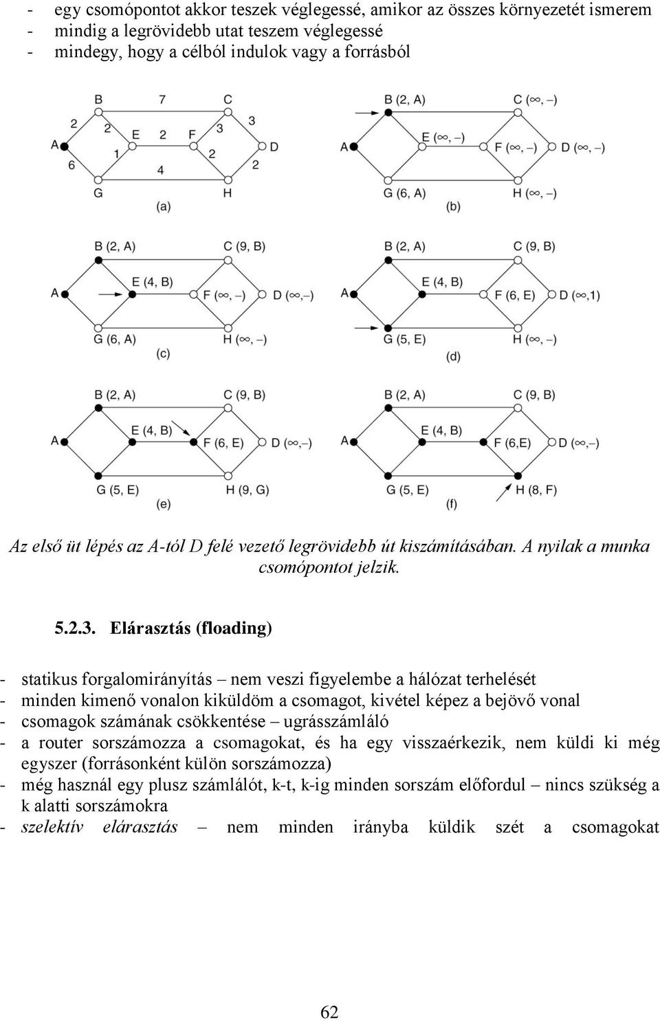 Elárasztás (floading) - statikus forgalomirányítás nem veszi figyelembe a hálózat terhelését - minden kimenő vonalon kiküldöm a csomagot, kivétel képez a bejövő vonal - csomagok számának csökkentése