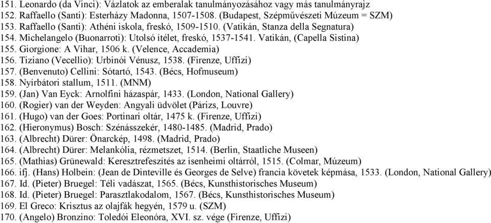 Giorgione: A Vihar, 1506 k. (Velence, Accademia) 156. Tiziano (Vecellio): Urbinói Vénusz, 1538. (Firenze, Uffizi) 157. (Benvenuto) Cellini: Sótartó, 1543. (Bécs, Hofmuseum) 158.