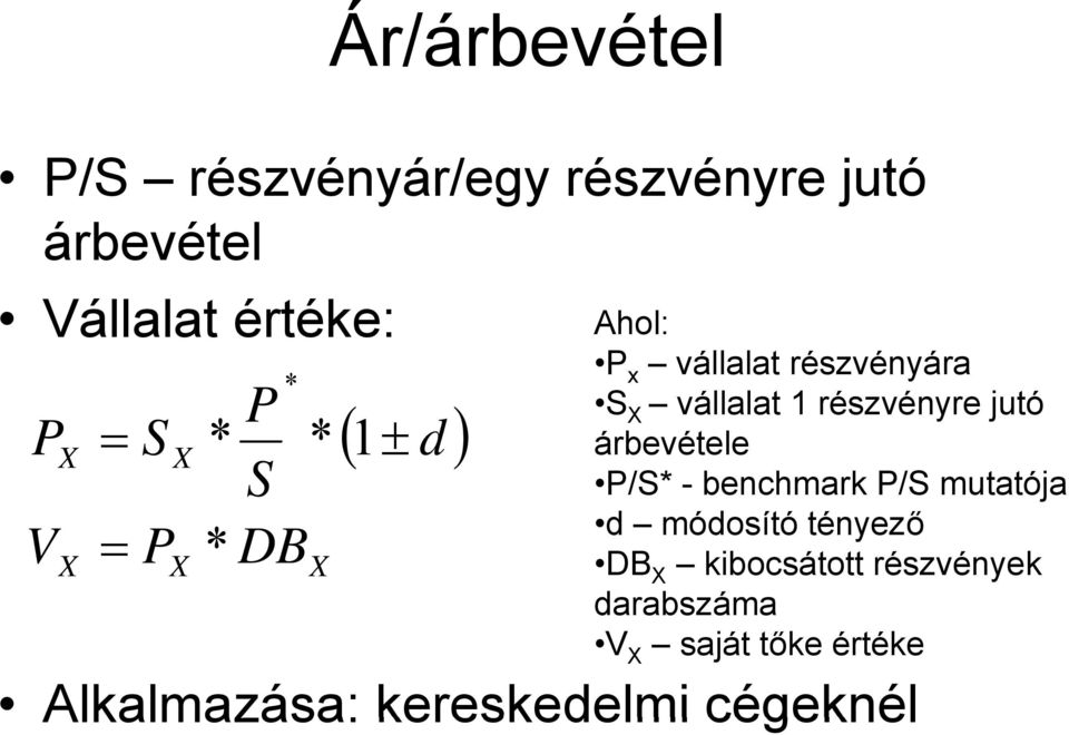 részvényre jutó árbevétele P/S* -benchmark P/S mutatója d módosító tényező DB X