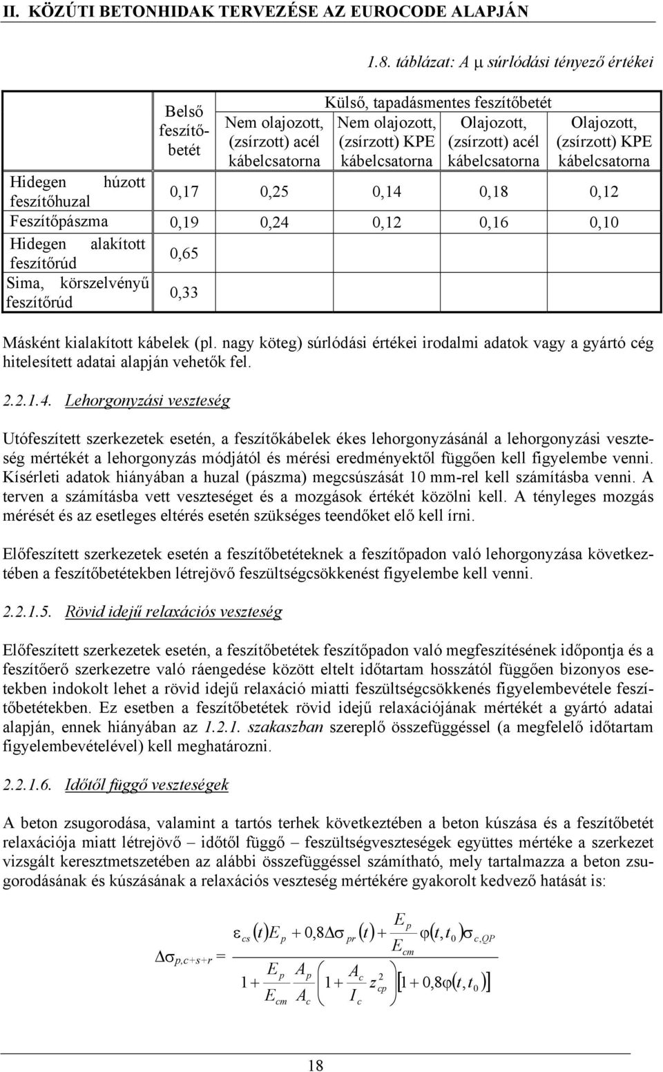 Hidegen húzott feszítőhuzal 0,17 0,25 0,14 0,18 0,12 Feszítőpászma 0,19 0,24 0,12 0,16 0,10 Hidegen alakított feszítőrúd 0,65 Sima, körszelvényű feszítőrúd 0,33 Másként kialakított kábelek (pl.