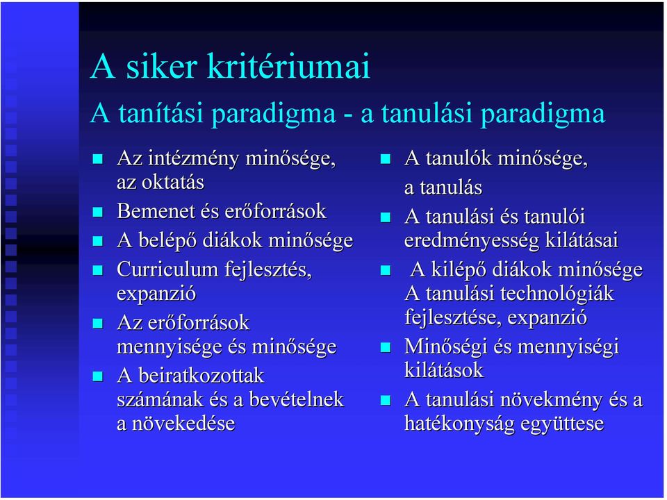 a növekedn vekedése A tanulók k minősége, a tanulás A tanulási és s tanulói eredményess nyesség g kilátásai A kilépő diákok minősége A