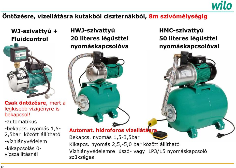 -automatikus -bekapcs. nyomás 1,5-2,5bar között állítható -vízhiányvédelem -kikapcsolás 0- vízszállításnál Automat.