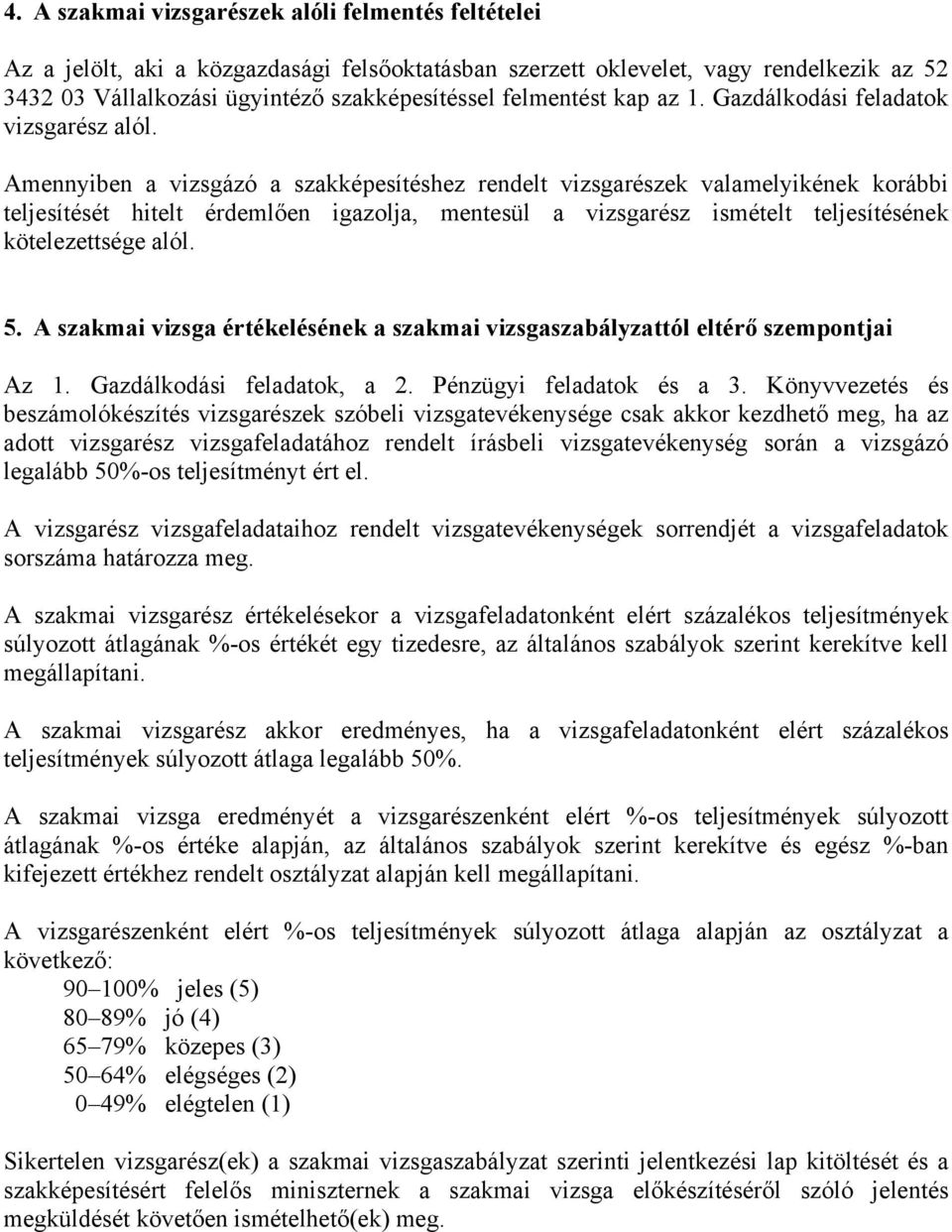 Amennyiben a vizsgázó a szakképesítéshez rendelt vizsgarészek valamelyikének korábbi teljesítését hitelt érdemlően igazolja, mentesül a vizsgarész ismételt teljesítésének kötelezettsége alól. 5.