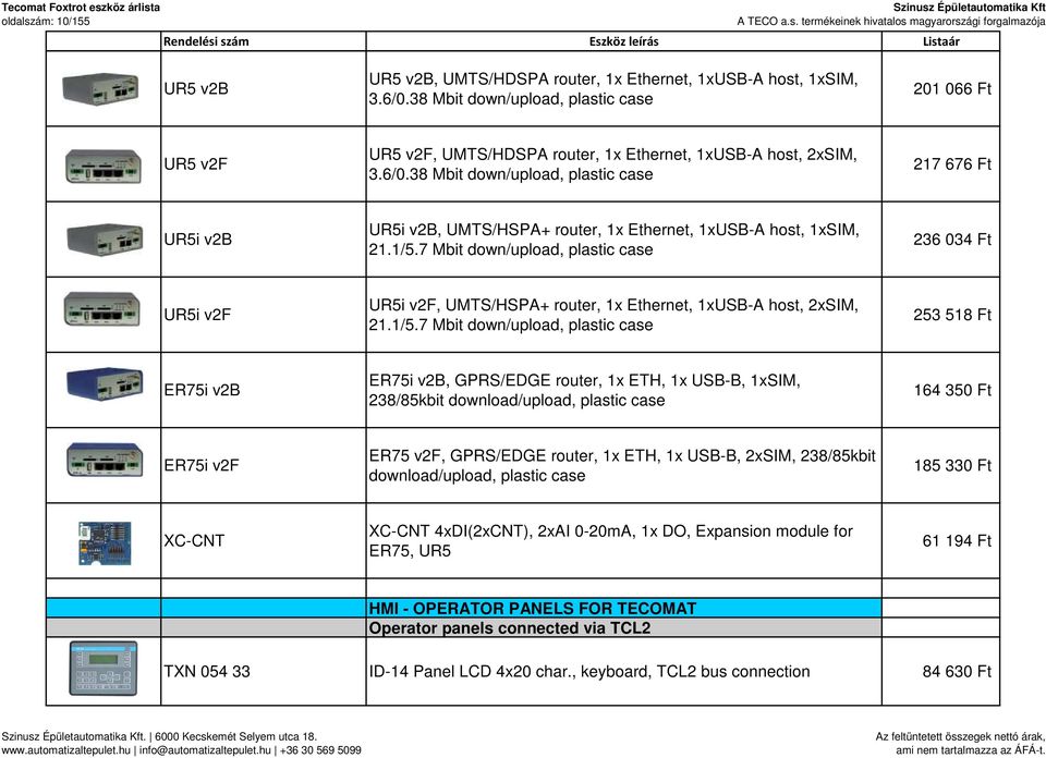 38 Mbit down/upload, plastic case 217 676 Ft UR5i v2b UR5i v2b, UMTS/HSPA+ router, 1x Ethernet, 1xUSB-A host, 1xSIM, 21.1/5.