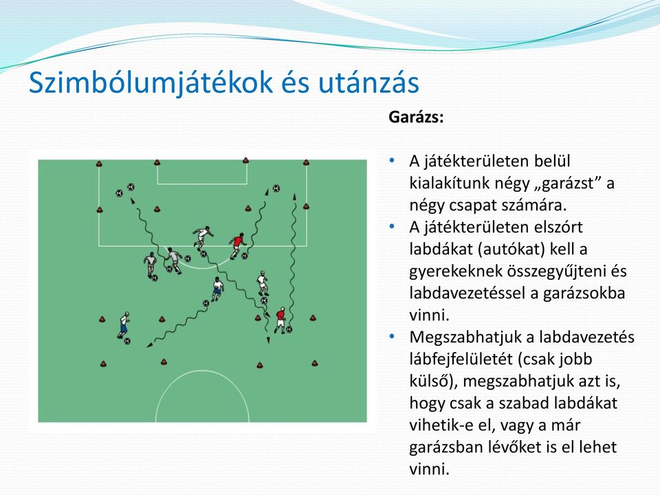 A játékterületen elszórt labdákat (autókat) kell a gyerekeknek összegyűjteni és labdavezetéssel a