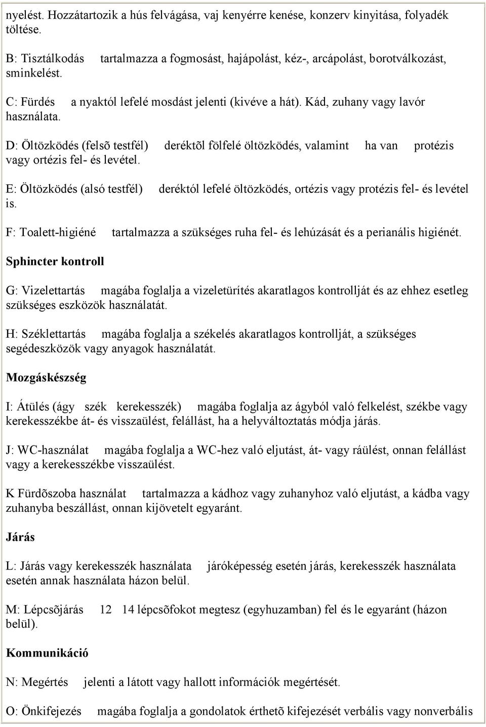 D: Öltözködés (felsõ testfél) deréktõl fölfelé öltözködés, valamint ha van protézis vagy ortézis fel- és levétel.