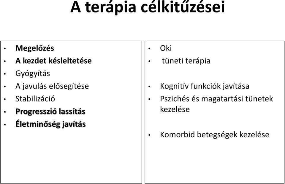 lassítás Életminőség javítás Oki tüneti terápia Kognitív