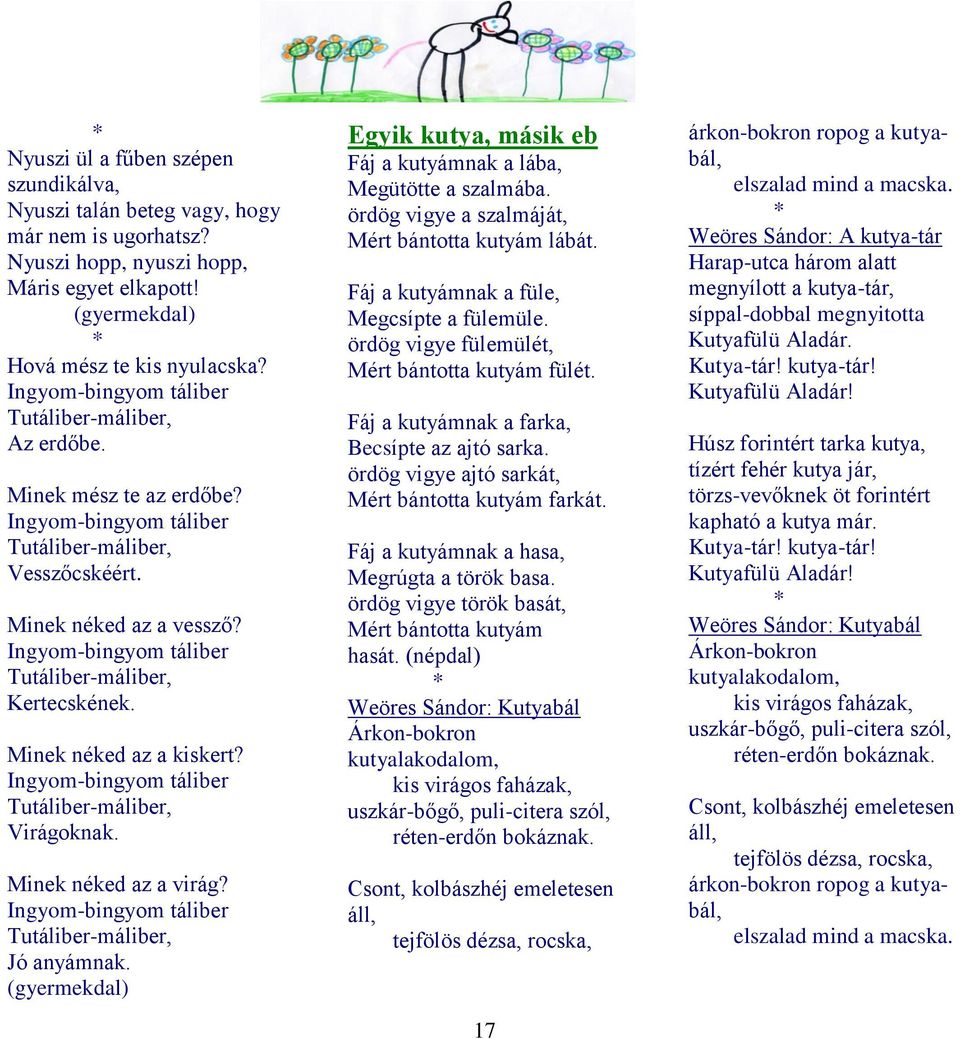 Ingyom-bingyom táliber Tutáliber-máliber, Kertecskének. Minek néked az a kiskert? Ingyom-bingyom táliber Tutáliber-máliber, Virágoknak. Minek néked az a virág?