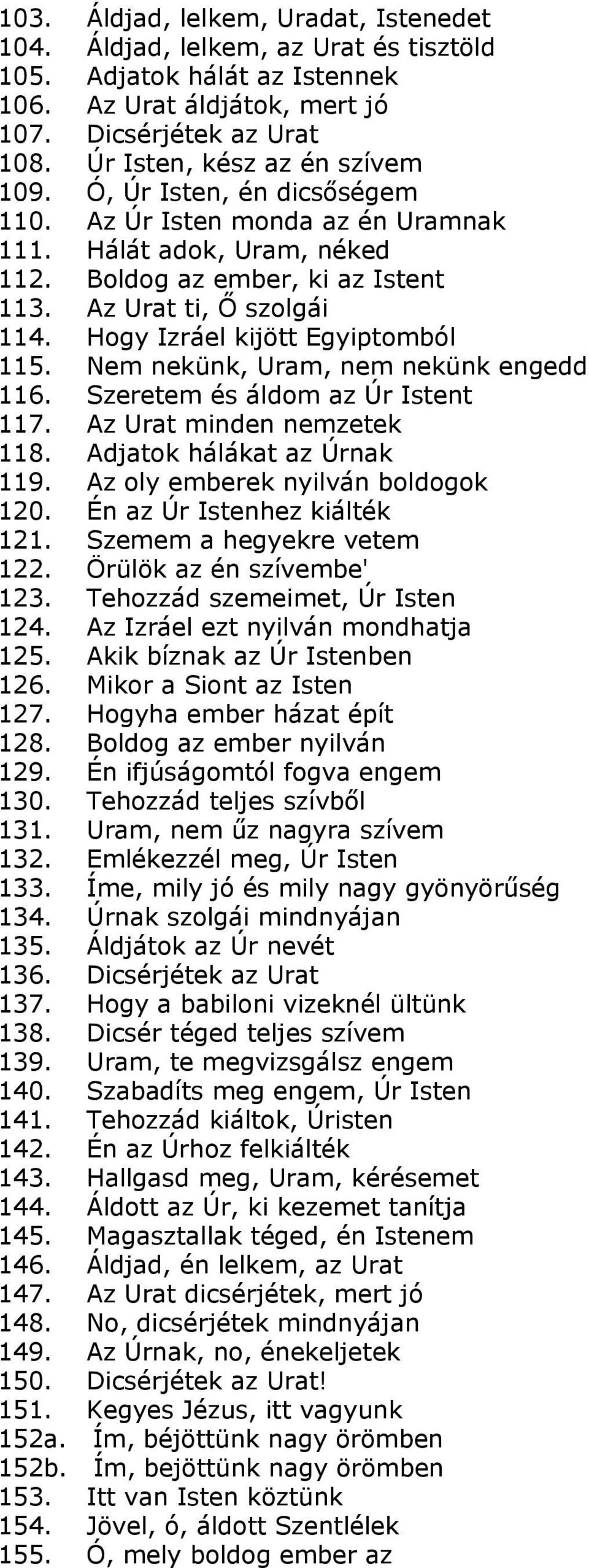 Hogy Izráel kijött Egyiptomból 115. Nem nekünk, Uram, nem nekünk engedd 116. Szeretem és áldom az Úr Istent 117. Az Urat minden nemzetek 118. Adjatok hálákat az Úrnak 119.