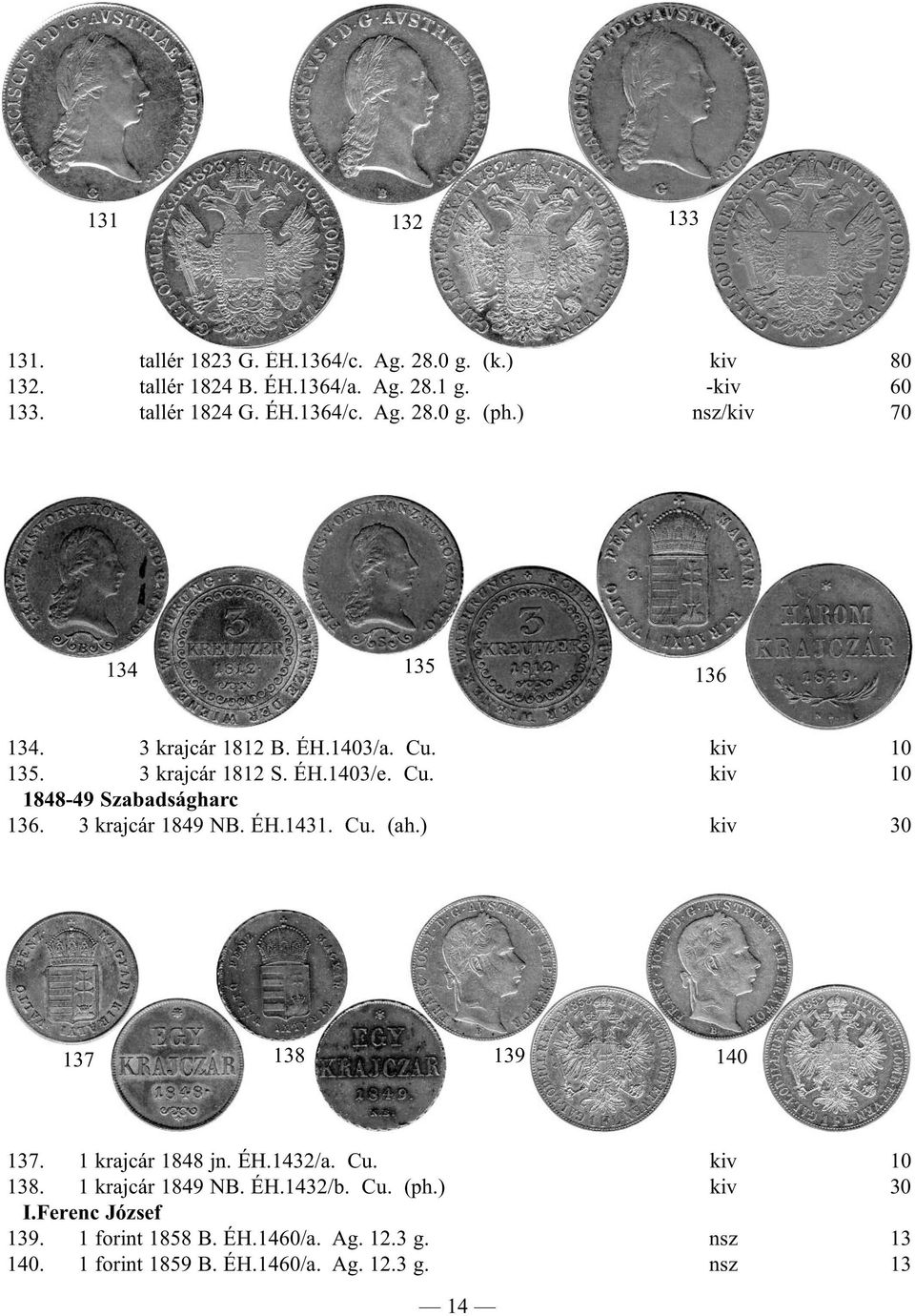 3 krajcár 1849 NB. ÉH.1431. Cu. (ah.) kiv 30 137 138 139 140 137. 1 krajcár 1848 jn. ÉH.1432/a. Cu. kiv 10 138. 1 krajcár 1849 NB. ÉH.1432/b. Cu. (ph.