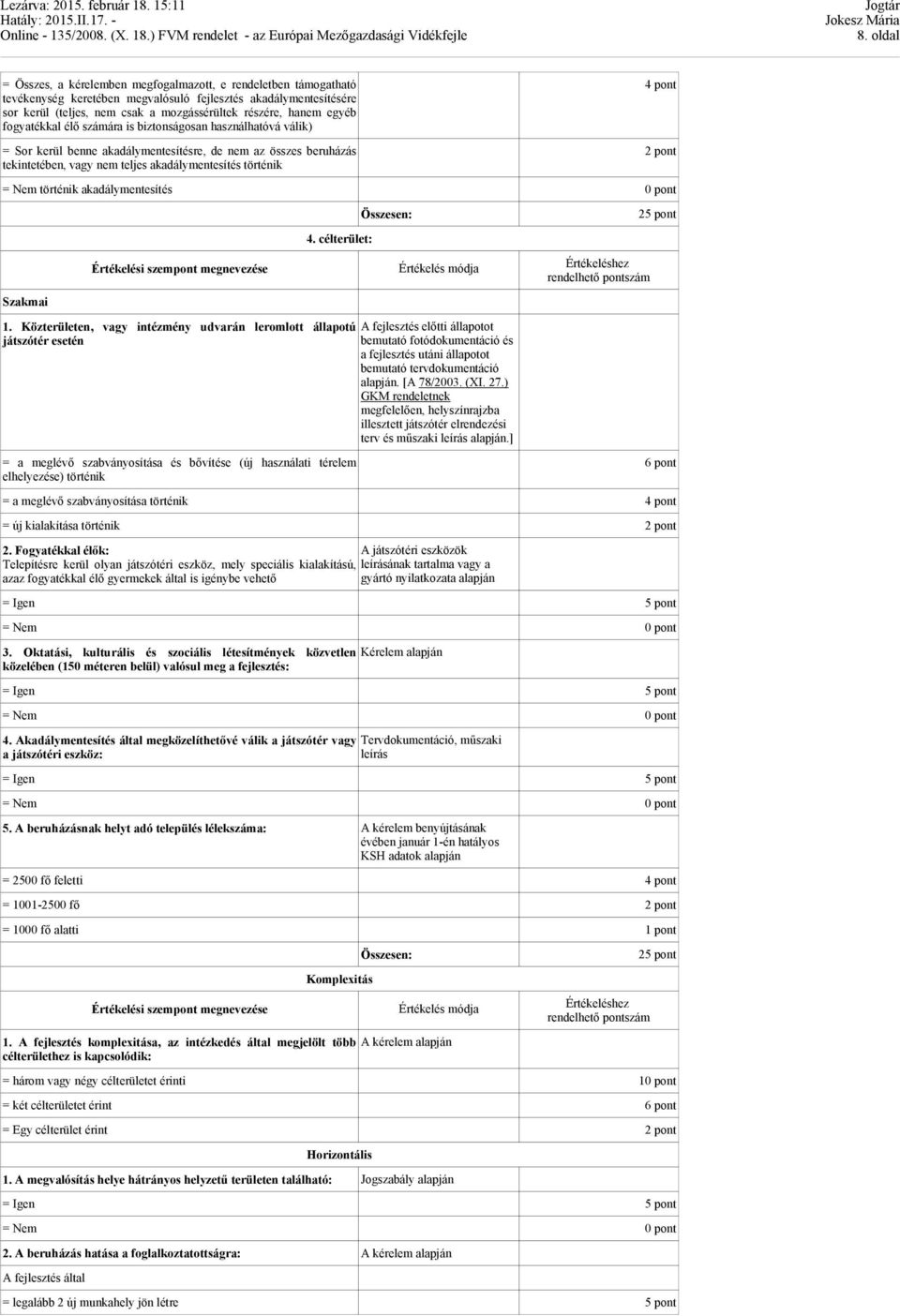 pont = Nem történik akadálymentesítés 0 pont Szakmai Értékelési szempont megnevezése 4. célterület: Összesen: Értékelés módja 1.