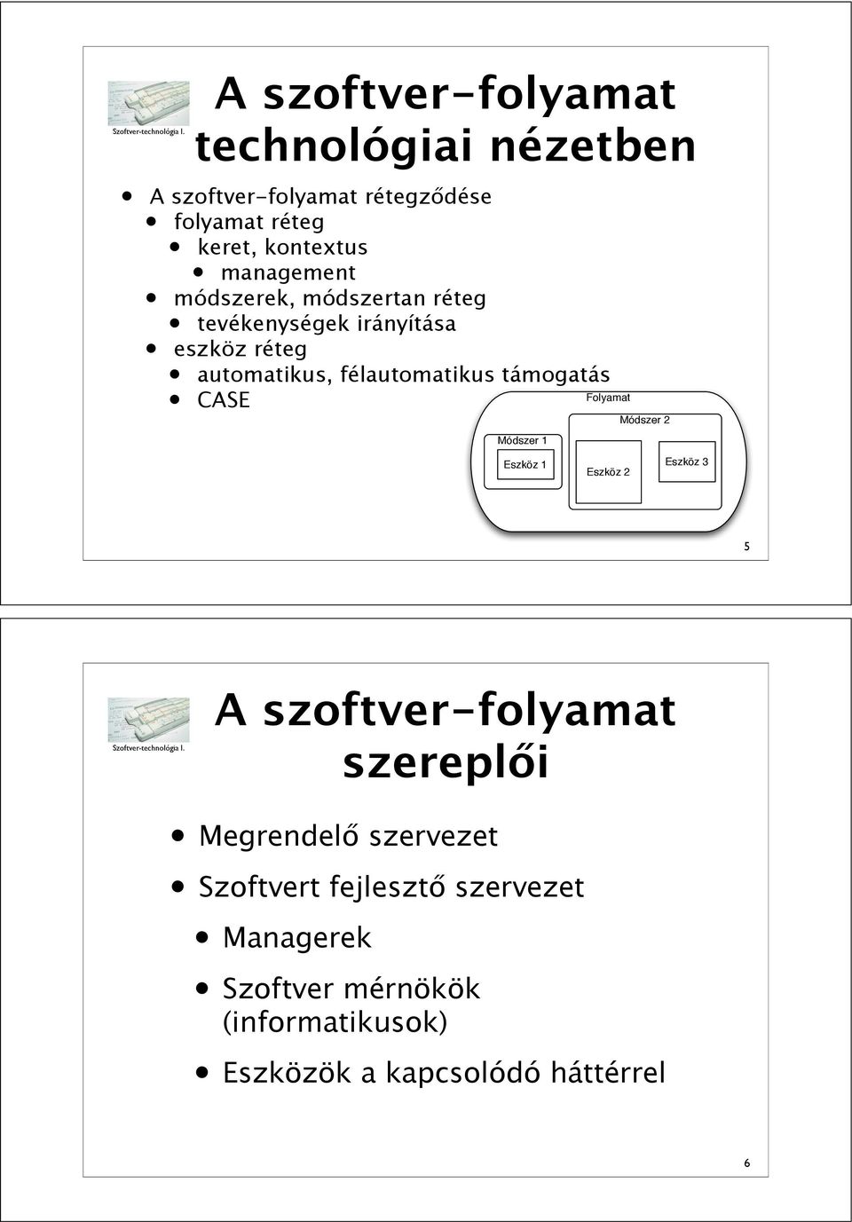 réteg automatikus, félautomatikus támogatás CASE Módszer 1 Eszköz 1 Folyamat Eszköz 2 Módszer 2 Eszköz 3 5 A