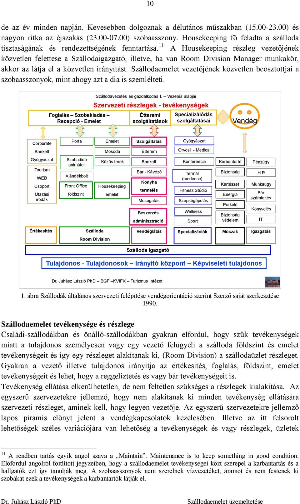11 A Housekeeping részleg vezetőjének közvetlen felettese a Szállodaigazgató, illetve, ha van Room Division Manager munkakör, akkor az látja el a közvetlen irányítást.