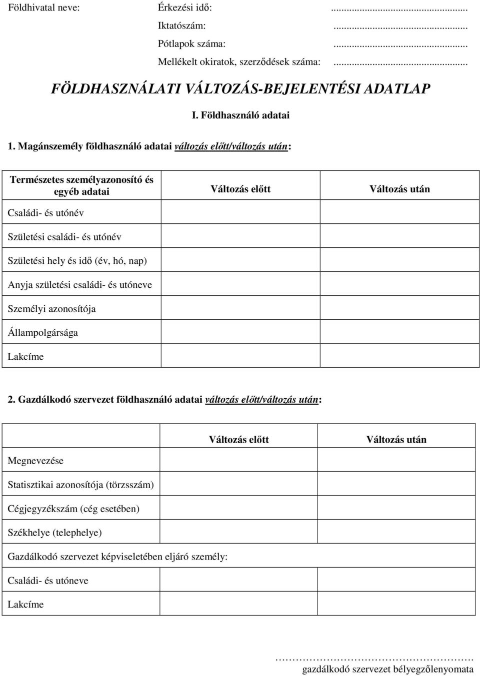 Magánszemély földhasználó adatai változás /változás : Természetes személyazonosító és egyéb adatai Családi- és utónév Születési családi- és utónév Születési hely és idő (év, hó,