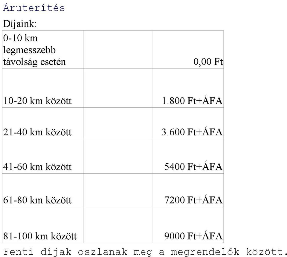 600 Ft+ÁFA 41-60 km között 5400 Ft+ÁFA 61-80 km között 7200