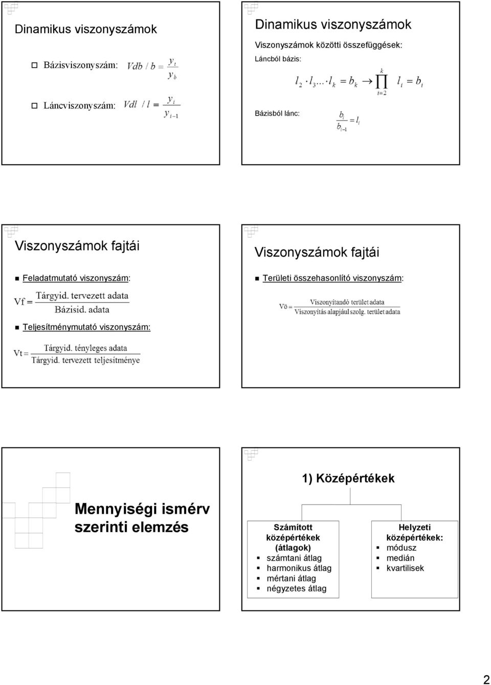 összehasonlító viszonyszám: Teljesítménymutató viszonyszám: 1) Középértékek Mennyiségi ismérv szerinti elemzés Számított