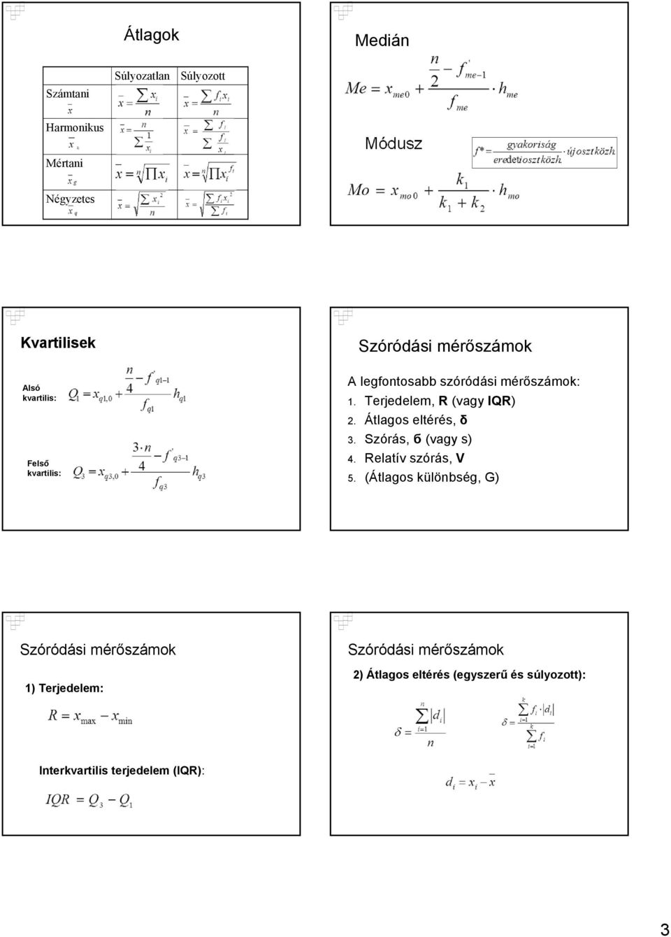 Terjedelem, R (vagy IQR) 2. Átlagos eltérés, δ 3. Szórás, б (vagy s) 4. Relatív szórás, V 5.
