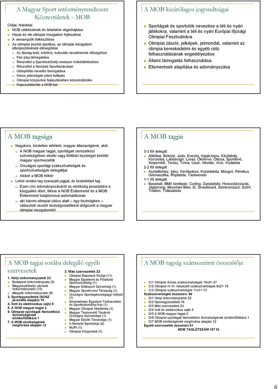 Utánpótlás-nevelés támogatása Káros jelenségek elleni fellépés Olimpiai központok fejlesztésében közremőködés Kapcsolattartás a NOB-bal A MOB kizárólagos jogosultságai Sportágak és sportolók nevezése