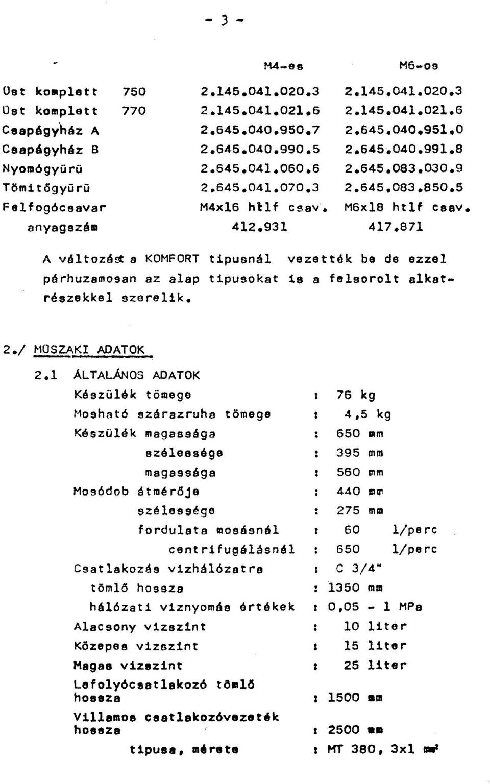 871 A vá1tozá a KOMFORT tipusnál vezetták bs de ezzel párhuzemosan az alap tipusokat ia a felsorolt alkatrészekkel szerelik. 2./ MOSZAKI ADATOK 2.