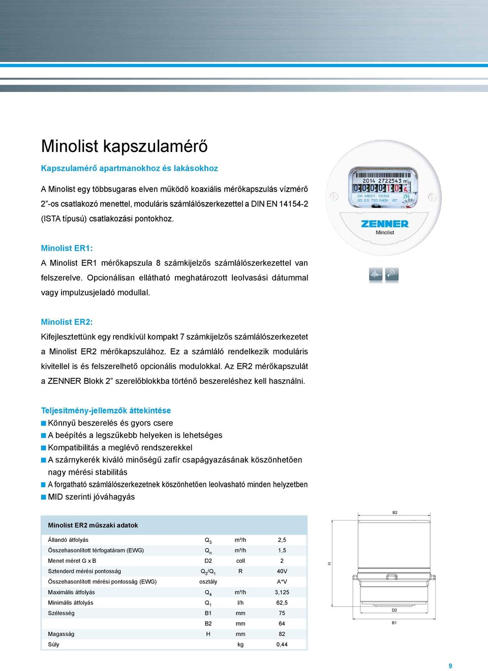 számlálószerkezettel a DIN EN 14154-2 (ISTA típusú) csatlakozási pontokhoz. Minolist ER1: A Minolist ER1 mérőkapszula 8 számkijelzős számlálószerkezettel van felszerelve.