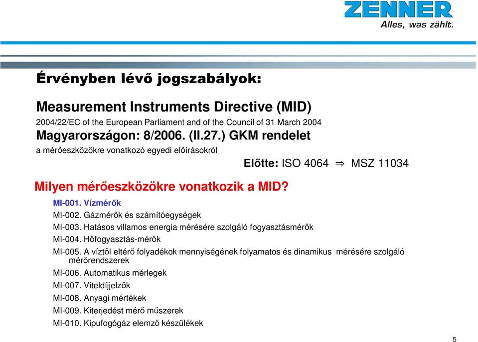 Hatásos villamos energia mérésére szolgáló fogyasztásmérők MI-004. Hőfogyasztás-mérők Előtte: ISO 4064 MSZ 11034 MI-005.