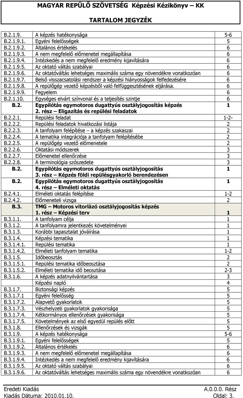 Belső visszacsatolási rendszer a képzési hiányosságok felfedezésére 6 B.2.1.9.8. A repülőgép vezető képzésből való felfüggesztésének eljárása. 6 B.2.1.9.9. Fegyelem 6 B.2.1.10.