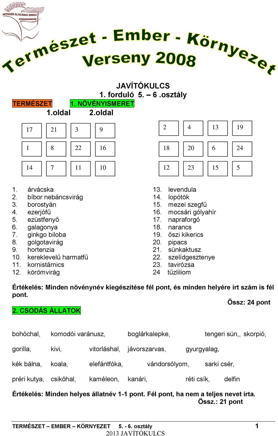 mocsári gólyahír 17. napraforgó 18. narancs 19. őszi kikerics 20. pipacs 21. sünkaktusz 22. szelídgesztenye 23.