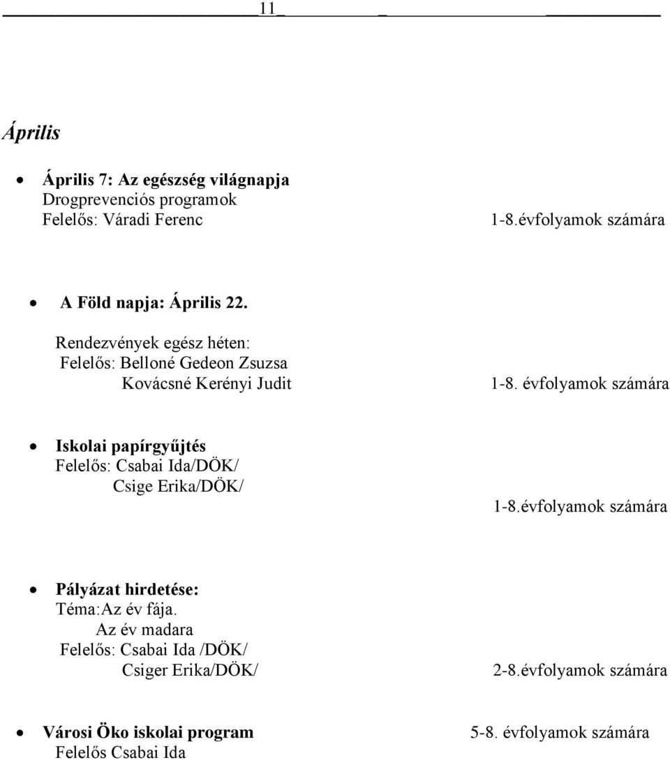 Rendezvények egész héten: Felelős: Belloné Gedeon Zsuzsa Iskolai papírgyűjtés Felelős: /DÖK/ Csige Erika/DÖK/