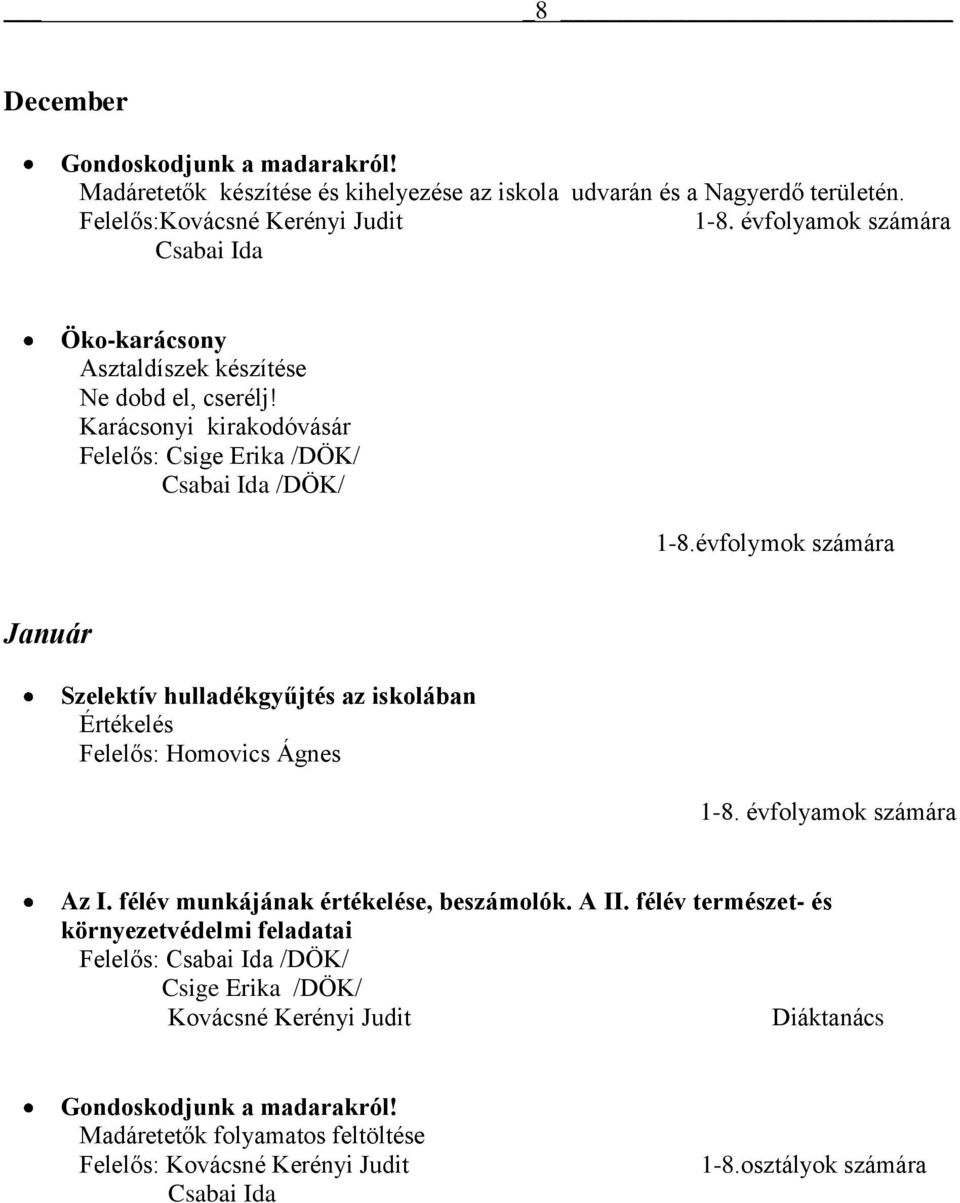 évfolymok számára Január Szelektív hulladékgyűjtés az iskolában Értékelés Felelős: Homovics Ágnes Az I. félév munkájának értékelése, beszámolók.