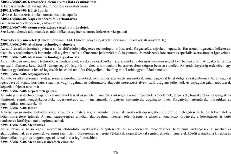 2/x0674-06 Szemrevételezéses vizsgálati műveletek Szerkezeti elemek állapotának és működőképességének szemrevételezéses vizsgálatai Műszaki alapismeretek (Elméleti óraszám: 144, Elméletigényes