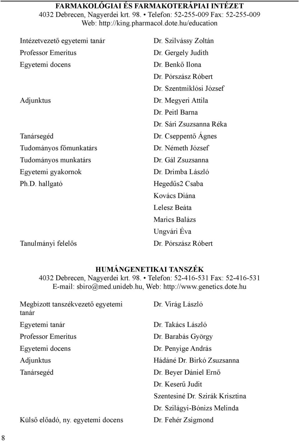 Gergely Judith Dr. Benkő Ilona Dr. Pórszász Róbert Dr. Szentmiklósi József Dr. Megyeri Attila Dr. Peitl Barna Dr. Sári Zsuzsanna Réka Dr. Cseppentő Ágnes Dr. Németh József Dr. Gál Zsuzsanna Dr.