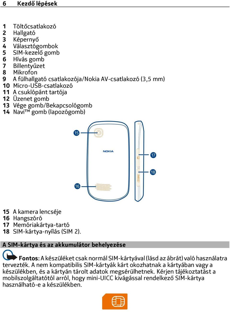 (SIM 2). A SIM-kártya és az akkumulátor behelyezése Fontos: A készüléket csak normál SIM-kártyával (lásd az ábrát) való használatra tervezték.