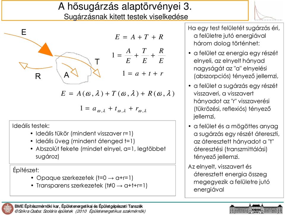 visszaver r=1) Ideális üveg (mindent átenged t=1) Abszolút fekete (mindet elnyel, a=1, legtöbbet sugároz) Építészet: Opaque szerkezetek (t=0 a+r=1) Transparens szerkezetek (t 0 a+t+r=1) r Ha egy test