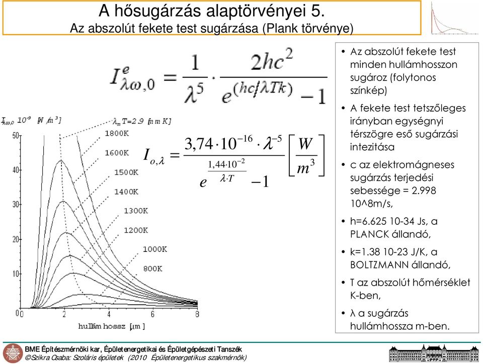 színkép) I o, λ = 3,74 10 e 16 λ W m 1,44 10 2 3 λ T 1 5 A fekete test tetszőleges irányban egységnyi térszögre eső