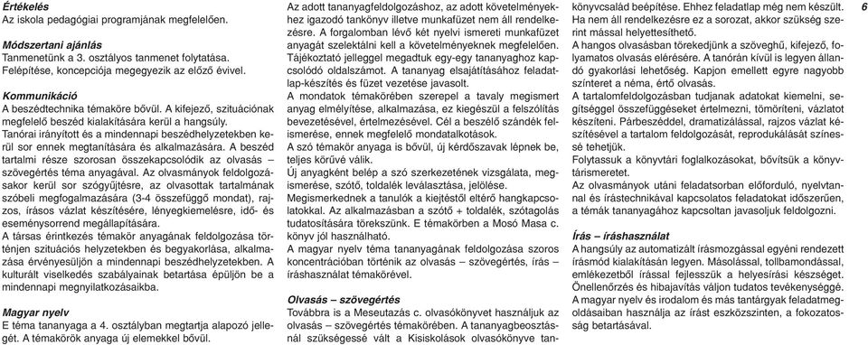 Tanórai irányított és a mindennapi beszédhelyzetekben kerül sor ennek megtanítására és alkalmazására. A beszéd tartalmi része szorosan összekapcsolódik az olvasás szövegértés téma anyagával.