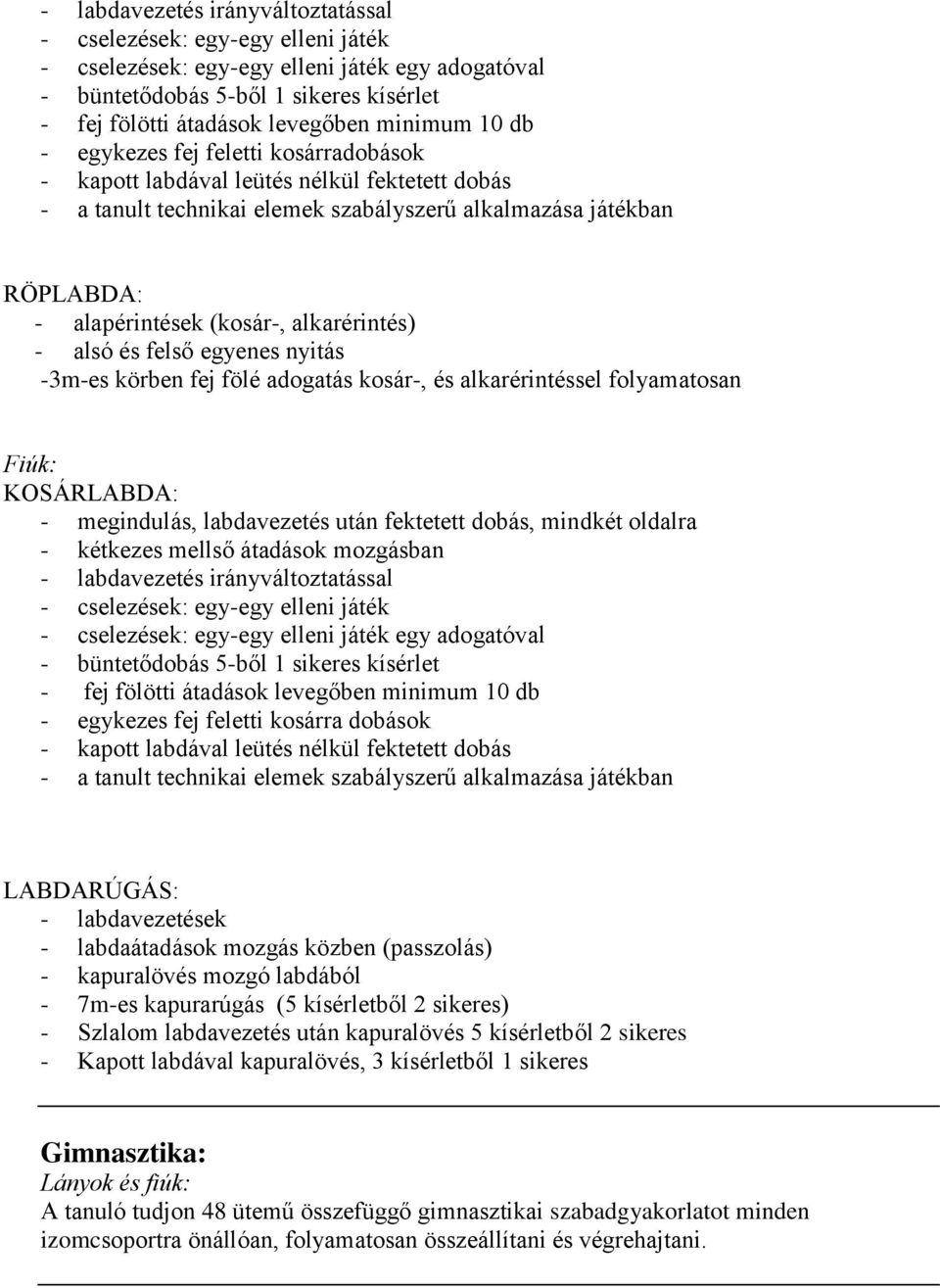 alkarérintés) - alsó és felső egyenes nyitás -3m-es körben fej fölé adogatás kosár-, és alkarérintéssel folyamatosan  minimum 10 db - egykezes fej feletti kosárra dobások - kapott labdával leütés