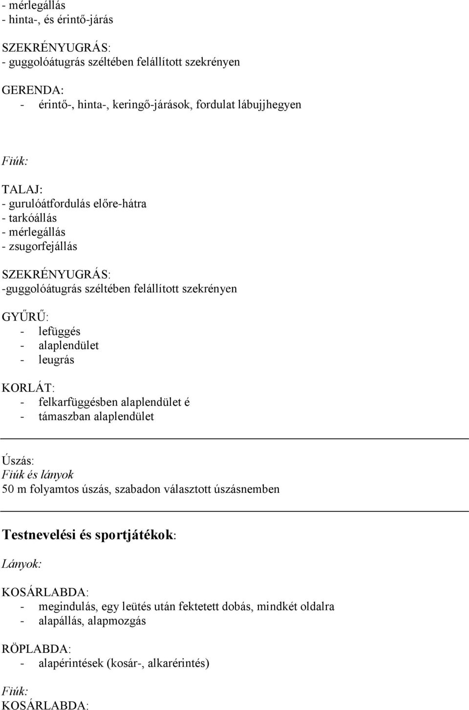 felkarfüggésben alaplendület é - támaszban alaplendület Úszás: Fiúk és lányok 50 m folyamtos úszás, szabadon választott úszásnemben