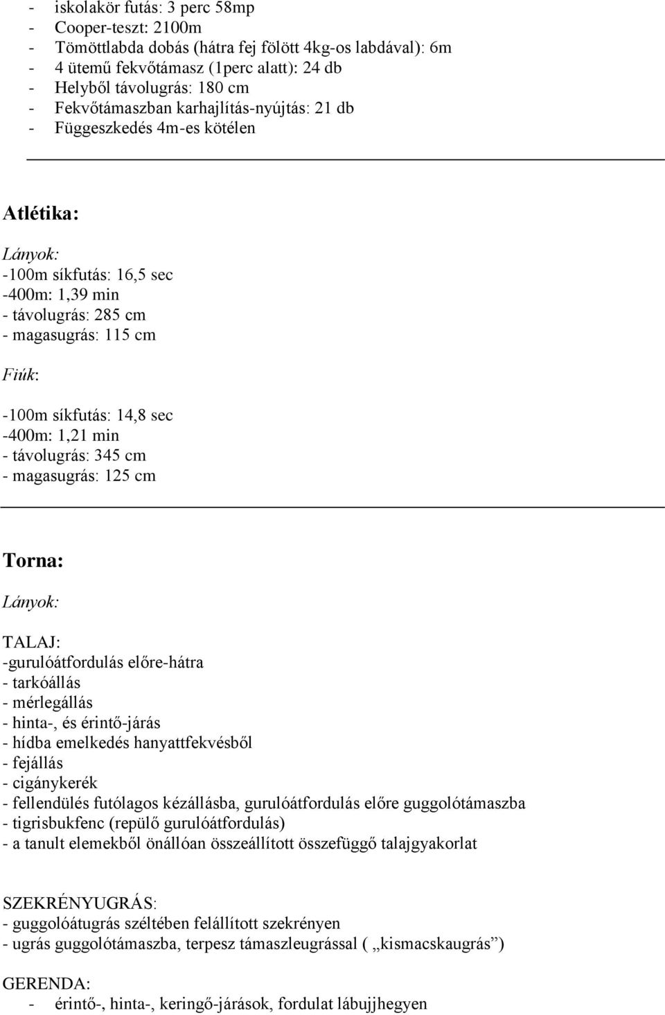 1,21 min - távolugrás: 345 cm - magasugrás: 125 cm Torna: -gurulóátfordulás előre-hátra - hinta-, és érintő-járás - hídba emelkedés hanyattfekvésből - fejállás - cigánykerék - fellendülés futólagos